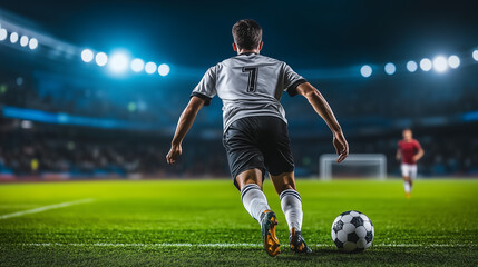 Piłkarz widziany od tyłu stoi spokojnie na boisku, trzymając piłkę nożną. Jego sylwetka jest dobrze widoczna w pełnym stroju sportowym, a piłka jest umieszczona na ziemi blisko jego stóp. 