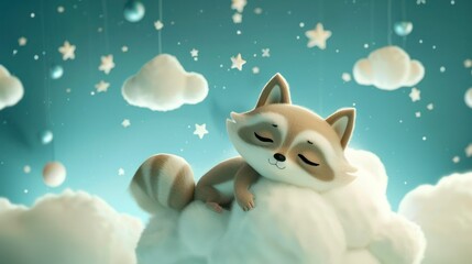 Obraz premium Cute Looping Animation of a Baby Raccoon Sleeping on a Cloud for Bedtime Lullabies. Concept Baby Raccoon, Sleeping, Cloud, Animation, Lullabies 
