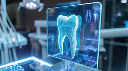 Modern dental technology with holographic tooth display showcasing healthcare advancements in dentistry. Concept Dental Technology, Holographic Display, Healthcare Advancements, Dentistry Innovation 