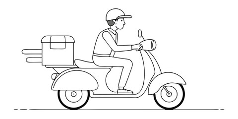 Delivery man riding scooter illustration black and white