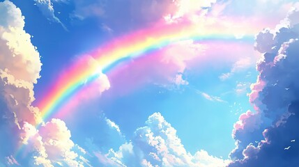 cartoon anime drawing of blue cloudy sky with colorful rainbow