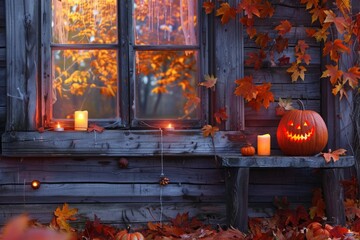 Obraz premium Background with halloween pumpkins, candles and autumn leaves on the wooden house porch