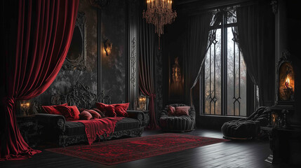 Tajemniczy salon wampiryczny na Halloween charakteryzuje się eleganckim, ale złowieszczym wystrojem. 