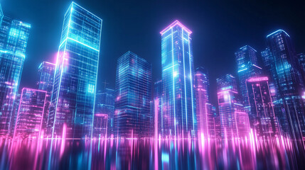 W nocnym krajobrazie mega miasta wyróżniają się potężne wieżowce z neonowymi iluminacjami, które odbijają się w szklanych fasadach budynków.