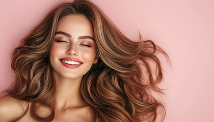 Naklejka premium Portrait of a woman with perfect makeup and luxurious voluminous curls on a pink background 