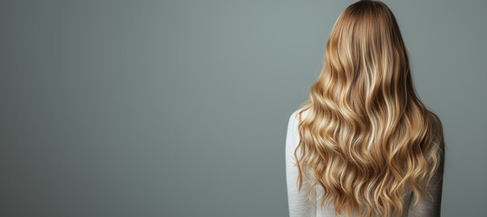 Fototapeta premium Rear view of a woman with perfect, long and luxurious curls against a neutral background 