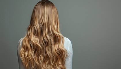 Fototapeta premium Rear view of a woman with perfect, long and luxurious curls against a neutral background 