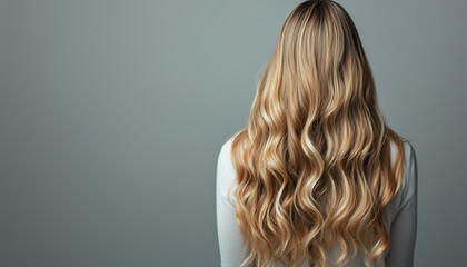 Fototapeta premium Rear view of a woman with perfect, long and luxurious curls against a neutral background 