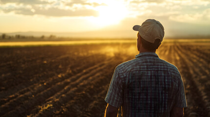A farmer looks out over a once-fertile field at sunset contemplating the changes to his land and the future ahead