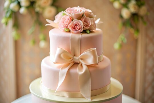 In a world of sweetness, a pastel pink cake topper, daintily wrapped in satin ribbon, claims center stage, poised atop a stately cake, radiating elegance and refinement.