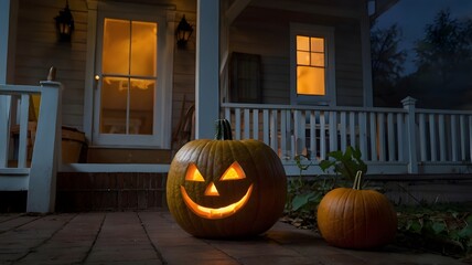 Fototapeta premium A photorealistic image of a jack-o'-lantern sitting on a porch, illuminated by moonlight. Fog creeps around the house, perfect for Halloween