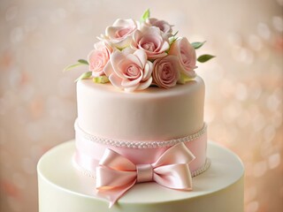 Delicate, sugar-crafted beauty takes center stage with a pastel pink cake topper, subtly adorned with satin ribbon, poised atop a majestic, cake masterpiece, radiating elegance and refinement.