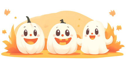 Two pumpkins smile and hold hands with a ghost. Scene set in an autumn setting with leaves on the ground and ocher tones on a white background with copy space. Illustration, design, pattern Halloween.