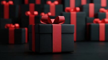 Elegant black gift box with a red ribbon, perfect for celebrations, birthdays, or holidays. A stylish addition to any occasion.