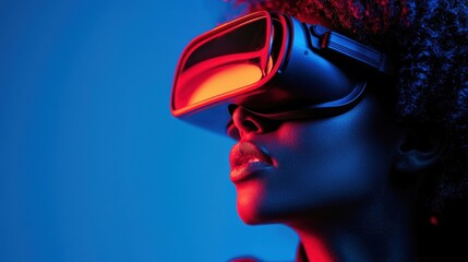 A woman experiences virtual reality with a futuristic headset, illuminated by vibrant blue and red lighting, showcasing modern technology.