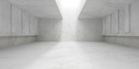 Abstract empty, modern concrete room with ceiling opening, wide wall beams with offset plates and rough floor - industrial interior background template