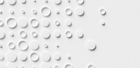 Randomly scaled white circle or cylinder with some open background wallpaper banner pattern fade out with copy space