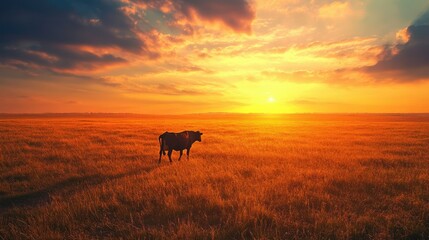 A solitary cow walking through an endless field of golden grass under a vivid sunset sky.