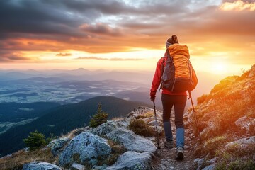 Fototapeta premium Solo traveler hiking up a mountain trail, breathtaking view at the summit, golden hour lighting, vast landscape background.