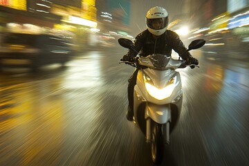 Adventurous traveler on a motorbike in the streets of Bangkok, dynamic movement, vibrant city lights, bustling urban environment.