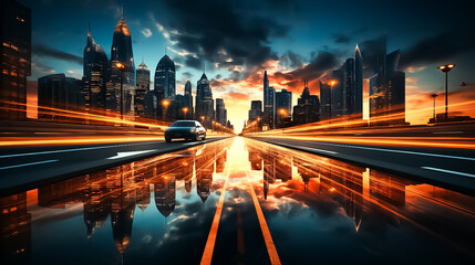 Fototapeta premium A city with a reflection of the city in the water, city at night, city skyline at night, city night 