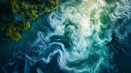 Aerial shot of intense river currents near a forest, showing swirling patterns in turquoise water and lush green foliage.