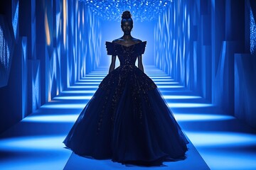 Haute couture model walking on a futuristic runway, avant-garde designs, dramatic lighting, abstract architecture in the background.