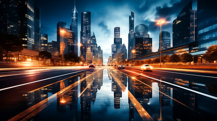 A car drives on a road with a city in the background, traffic, traffic at night