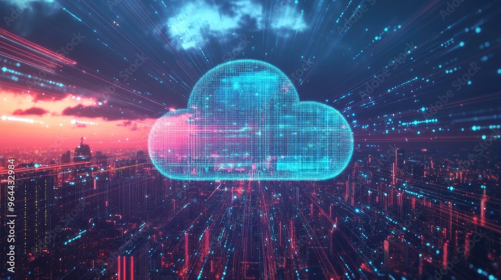 Poster cloud computing concept with digital data transferring across cityscapes and global networks, highli