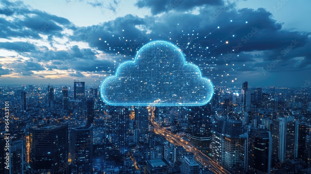 Poster cloud computing concept with digital data transferring across cityscapes and global networks, highli