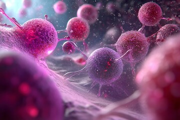 Tumor microenvironment concept with cancer cells, T-Cells, nanoparticles, cancer associated fibroblast layer of tumor microenvironment normal cells, molecules, and blood vessels.