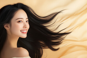 ゴールド背景の髪の毛の美しい女性