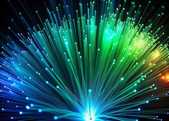 Optical fibers burst to life in a mesmerizing dance of color, a psychedelic fusion of green and blue hues on a dark, high-contrast stage.