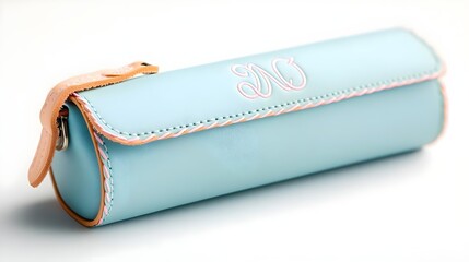 Light Blue Leather Pencil Case with Pink Stitching