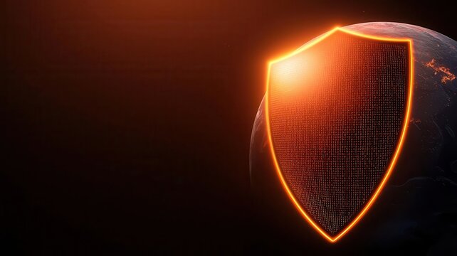 Visual metaphor of an AI shield made of binary code protecting a glowing Earth, symbolizing global cybersecurity
