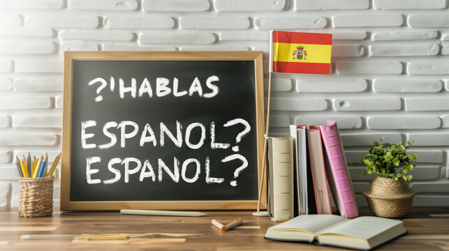 Language learning highlighted with &iquest;Hablas Espa&ntilde;ol? on chalkboard, symbolizing Spanish education. Focuses on grammar, vocabulary, and communication in school setting, with a nod spain, foreign speech