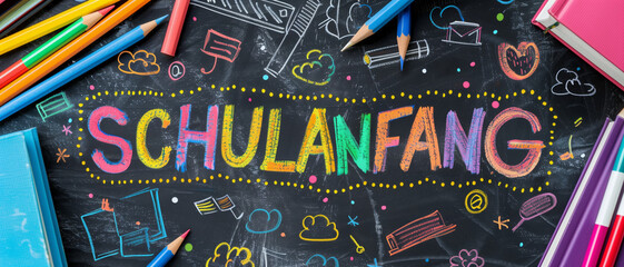 A chalkboard with colorful drawings