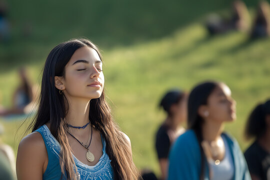 an attractive young woman with long dark hair, wearing a blue and white yoga atire