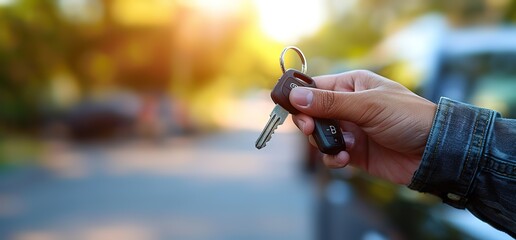 Closeup of a hand holding a car key with a blurred background of a street.