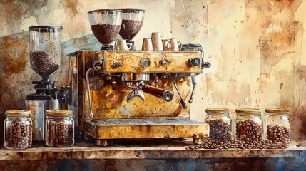Vintage espresso machine with coffee grinders and jars of beans on a rustic wooden counter, symbolizing classic coffee culture and artisanal brewing 