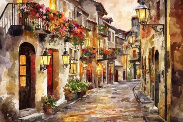 Fototapeta premium Charming street scene with colorful flowers, vintage lamps, and warm lighting, creating a peaceful, inviting atmosphere.