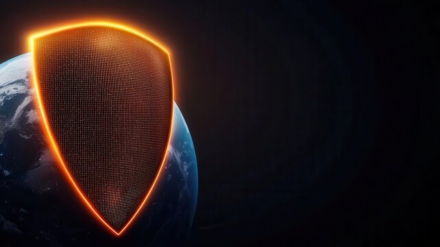 Visual metaphor of an AI shield made of binary code protecting a glowing Earth, symbolizing global cybersecurity
