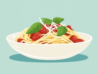 A plate of spaghetti with tomato sauce, basil and grated cheese.