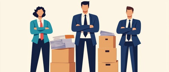 Obraz premium business people standing with arms crossed beside stacks of files and boxes, symbolizing unemployment, layoffs, and solutions concept