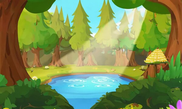 Cozy forest fairytale environment, cartoon style Generative AI