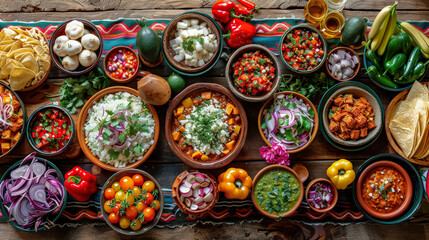 A table full of food with many different types of food in bowls. Scene is inviting and appetizing