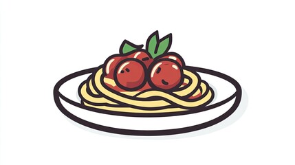 Icon of spaghetti with tomato sauce and meatballs, designed in a simple, minimalistic fashion.