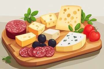 A wooden board with cheese, salami, olives, and tomatoes.