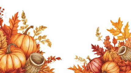 Nature's Bounty - Hand-Drawn Autumn Leaves and Cornucopia Watercolor Border