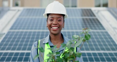 Happy, black woman and engineer with plant or solar panel for eco friendly environment or sustainable future in city. Portrait, young African or female person with smile or renewable energy in Brazil